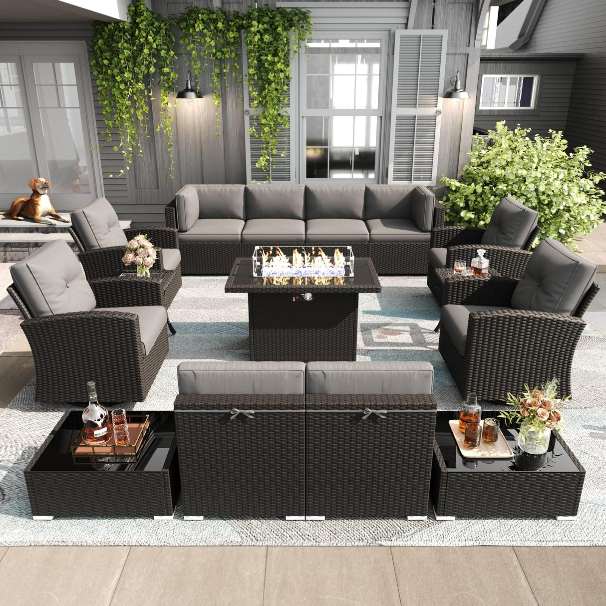 LayinSun 15 Pieces Patio Furniture Set with Fire Pit Table, Black Rattan Modular Sectional Outdoor Conversation Sofa Set, Swivel Rocking Chairs Set LayinSun