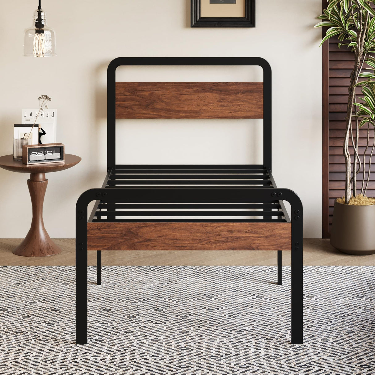 Fly-CTsoar 18 Inch Twin Bed Frame with Wood Headboard, Heavy Duty Metal Slats, with Under Bed Storage, No Noise, No Box Spring Needed, Easy Assembly, Black Fly-CTsoar