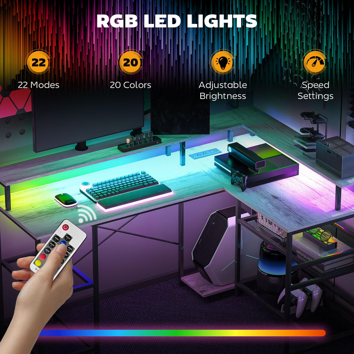 HOMCOM L Shaped Desk with LED Lights and Power Outlets, 59" Gaming Desk with Monitor Stand and Storage Shelves, Corner Computer Desk for Home Office, Small Space, Distressed Gray HOMCOM