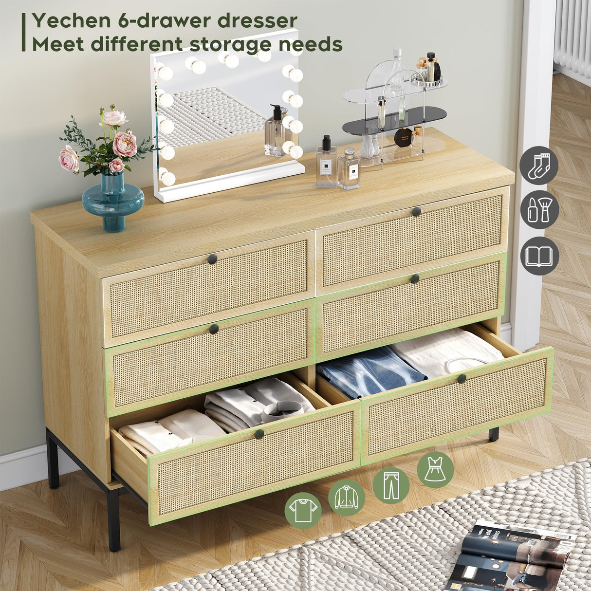 Modern 6 Drawer Dresser with Natural Rattan Drawers, Industrial Wood Double Dresser for Bedroom with Sturdy Steel Legs, Closet Storage Dressers Organizer TV Stand Dresser for Living Room Hallway Yechen