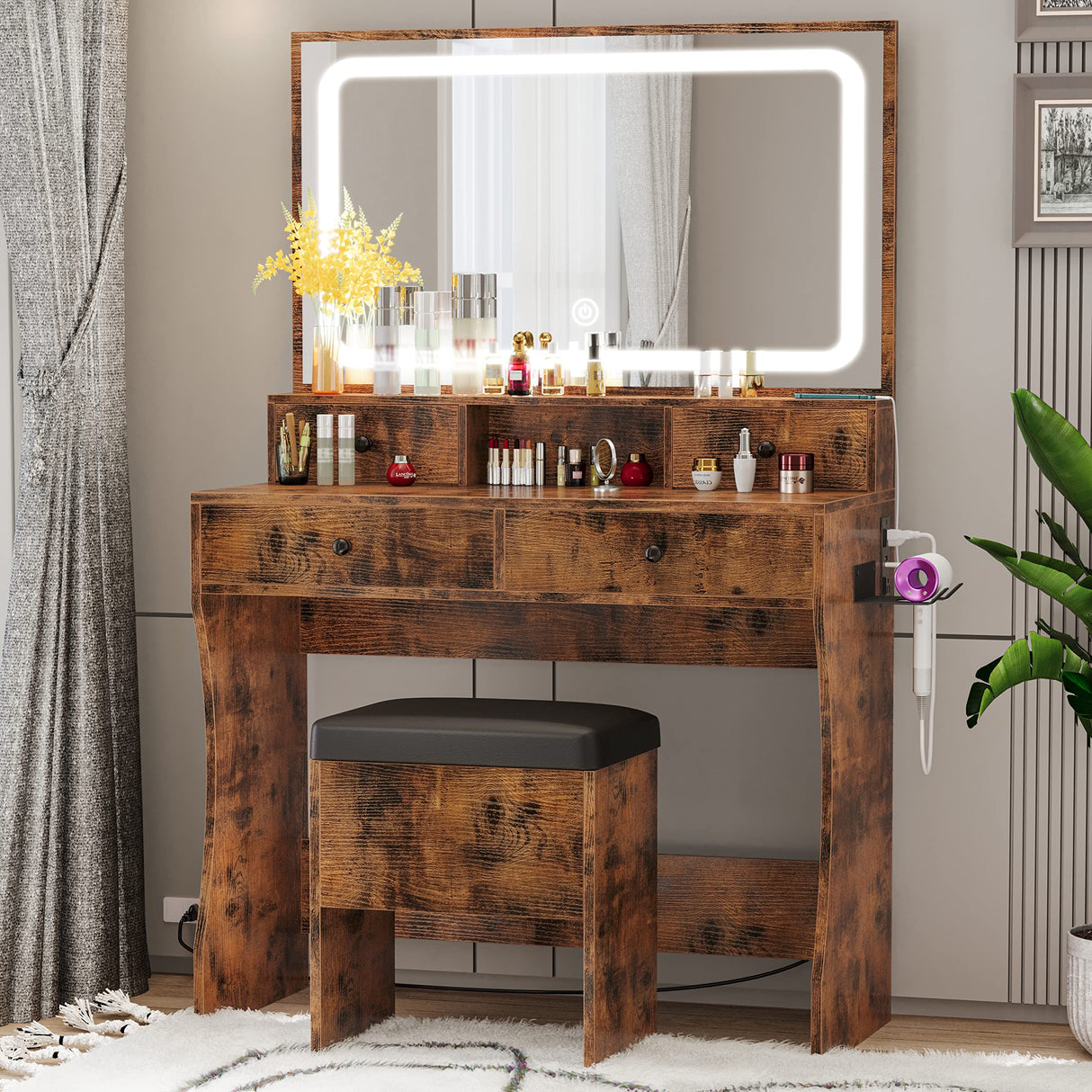 LIKIMIO Vanity Desk with LED Lighted Mirror & Power Outlet & 4 Drawers, Dressing Makeup Table Set with Storage Stool and Hair Dryer Stand, Vintage LIKIMIO