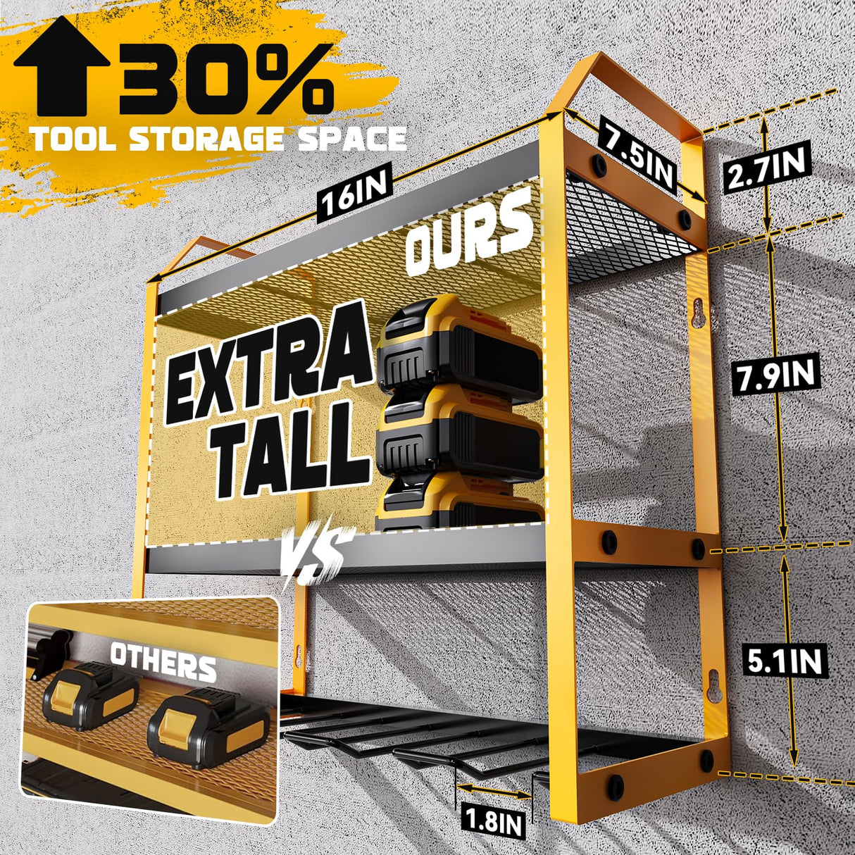 Ferreteriai Power Tool Organizer Wall Mount with Broom Holder Combo, Yellow & Black 3-Tier Garage Storage Rack with Battery Storage, 4 Drill Holder Slots, Heavy Duty Steel 150LB Capacity Ferreteriai
