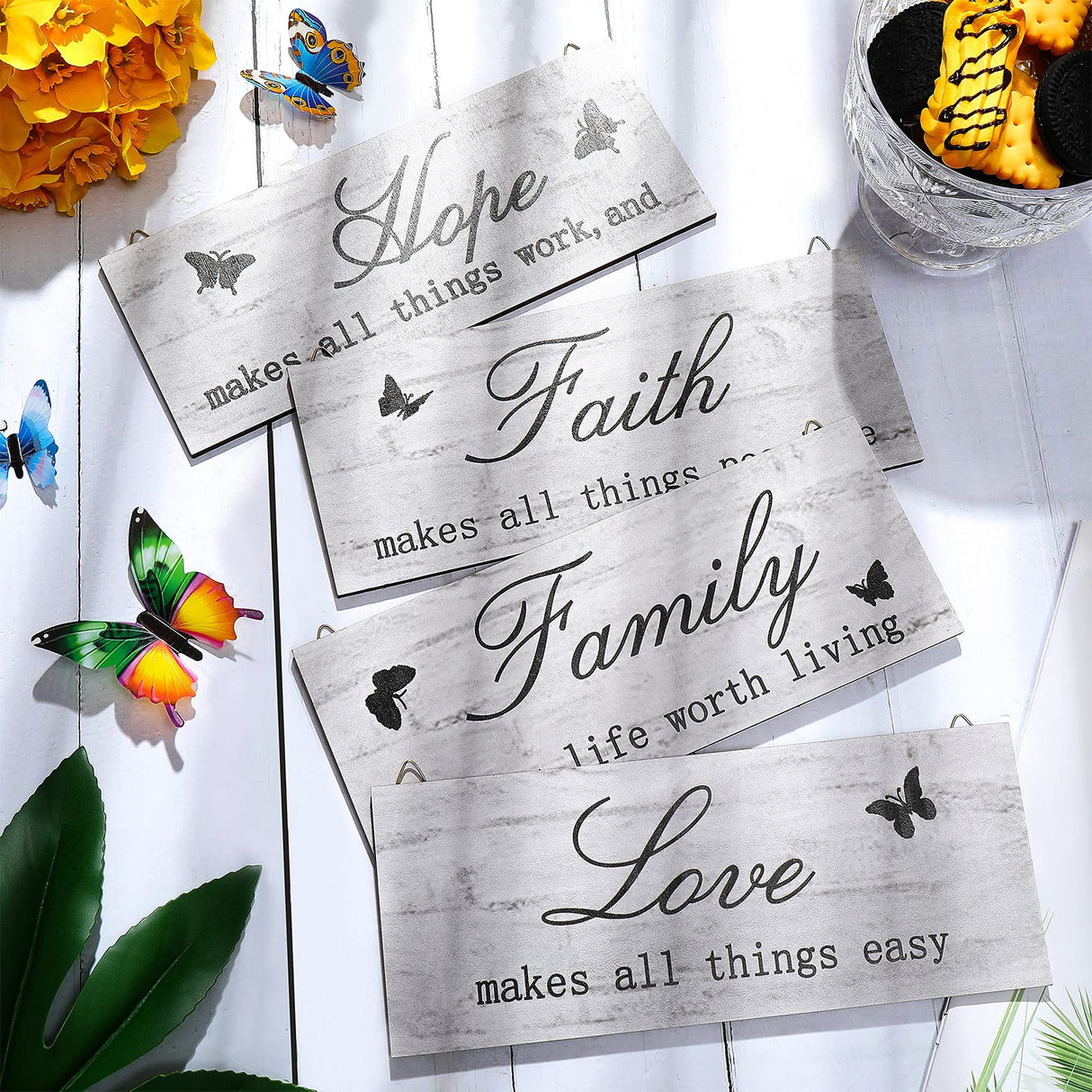 4 Pieces Faith Love Hope Family Wood Sign Farmhouse Wooden Family Sign with Quotes Faith Love Hope Family Home Sign Plaque Rustic Wooden Home Wall Sign for Front Porch Door Wall, 10 x 4 Inch (White) Jetec