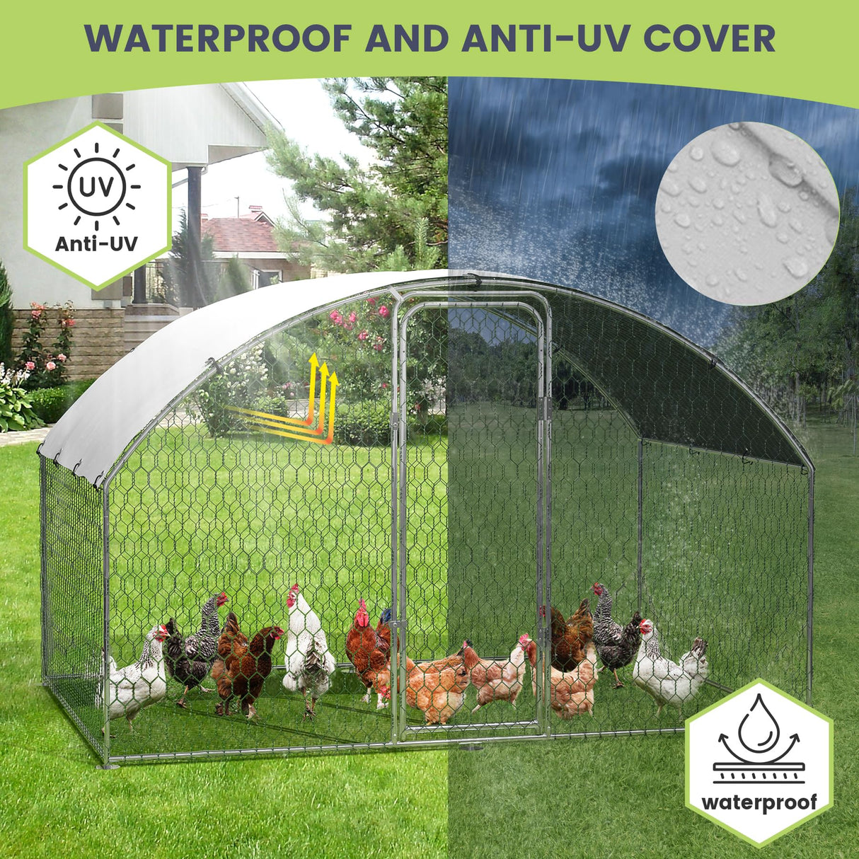 Large Metal Chicken Coop, Large Chicken Coop for Yard, Walk-in Poultry Cage with Waterproof and Anti-Uv Cover, Chicken Run for Outdoor Backyard Farm, Doom Roof, 9.8×6.5×6.5ft,Silver Hipicute