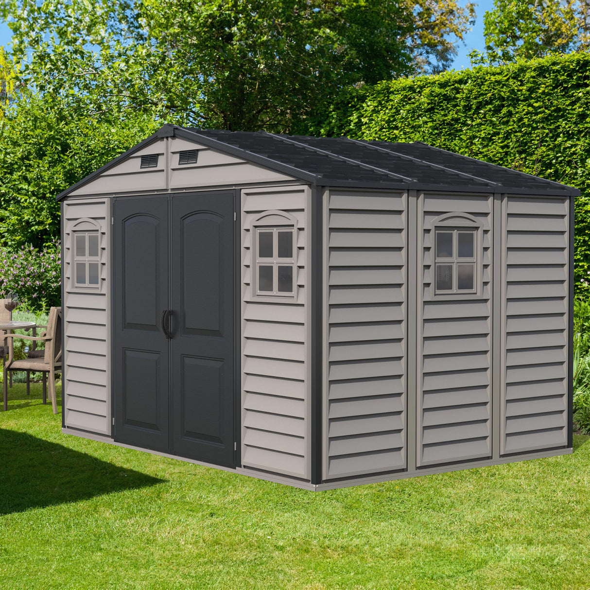 Duramax Woodside Plus 10 x 8 (8.02 m2) Plastic Garden Shed with 3 Fixed Windows & Metal Foundation Kit, Strong Metal Roof Structure Fire Retardant and Maintenance-Free Storage Shed - Dark Grey/Adobe DURAMAX