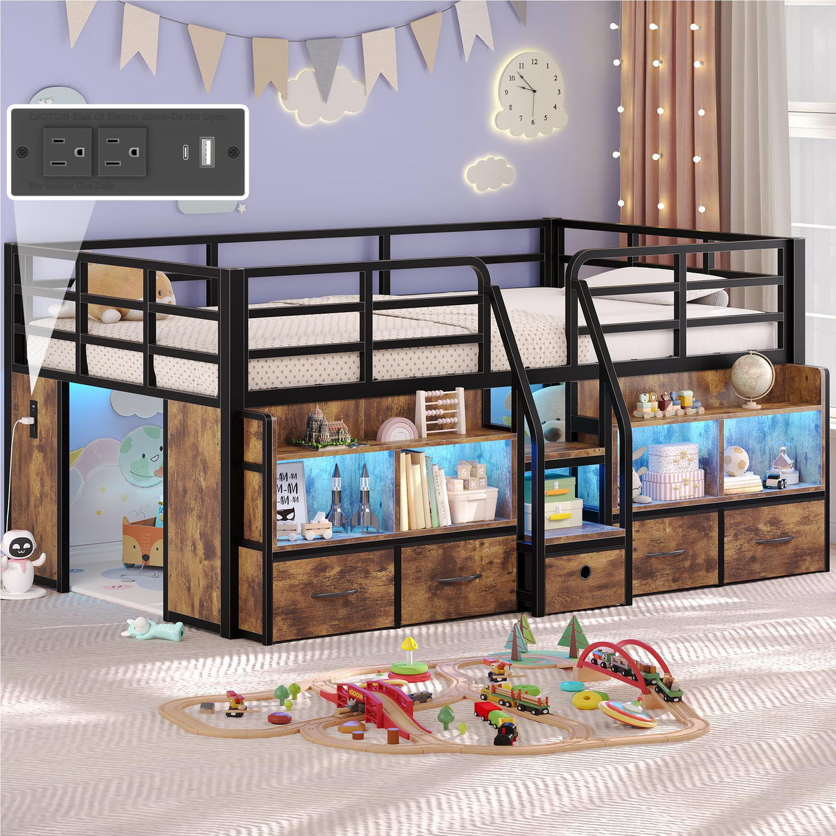 busyaeh Twin Loft Bed for Kids with 5 Drawers & 6 Bookcase and LED Light,Low Loft Bed with 15.8" H Safety Guardrail and Charging Station,Metal Kids Loft Beds with Under-Bed Play Space,Vintage Brown busyaeh