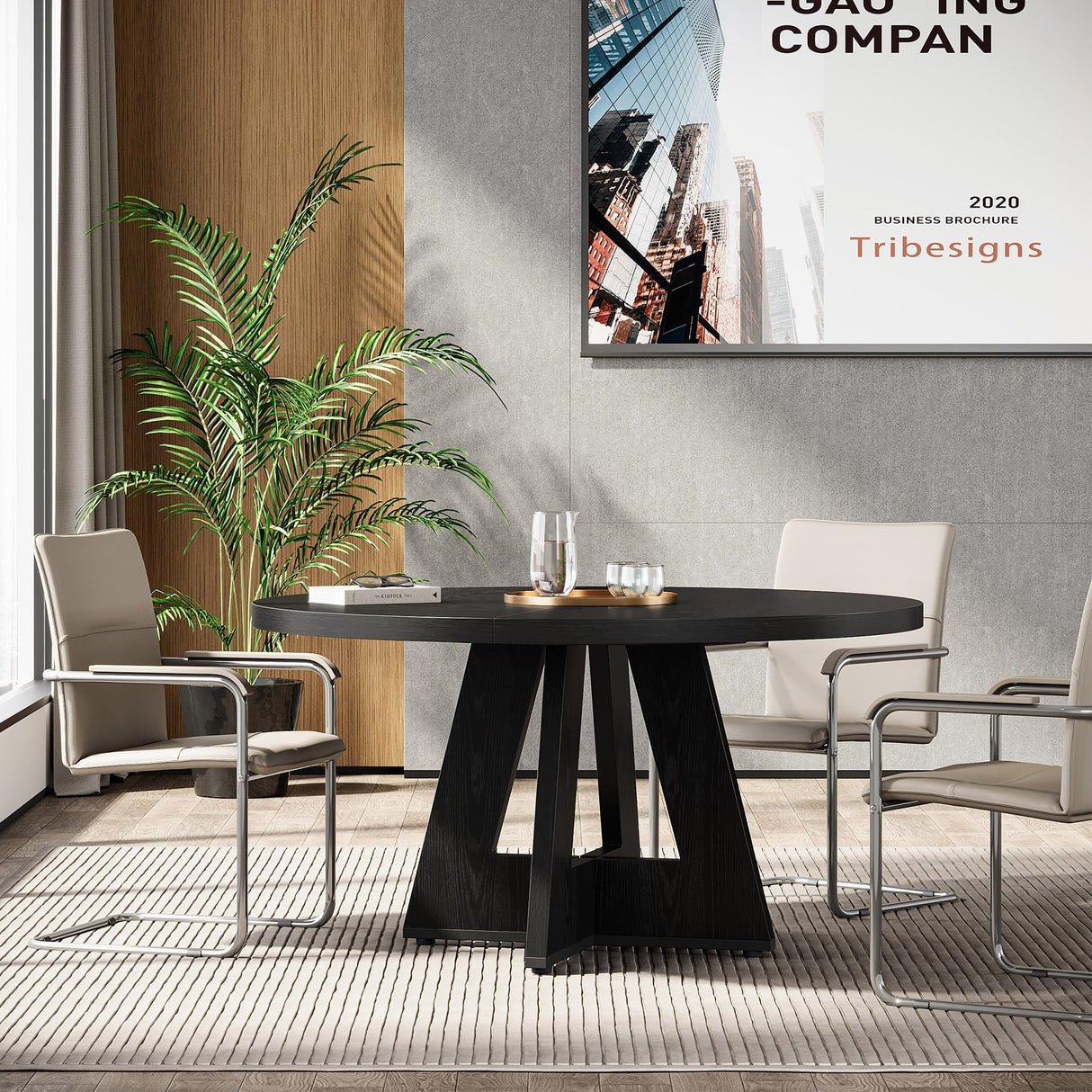 Tribesigns 47-Inch Round Conference Table for 4-6 People, Wooden Meeting Room Table with Thicken Tabletop and Wood Base (Black) Tribesigns