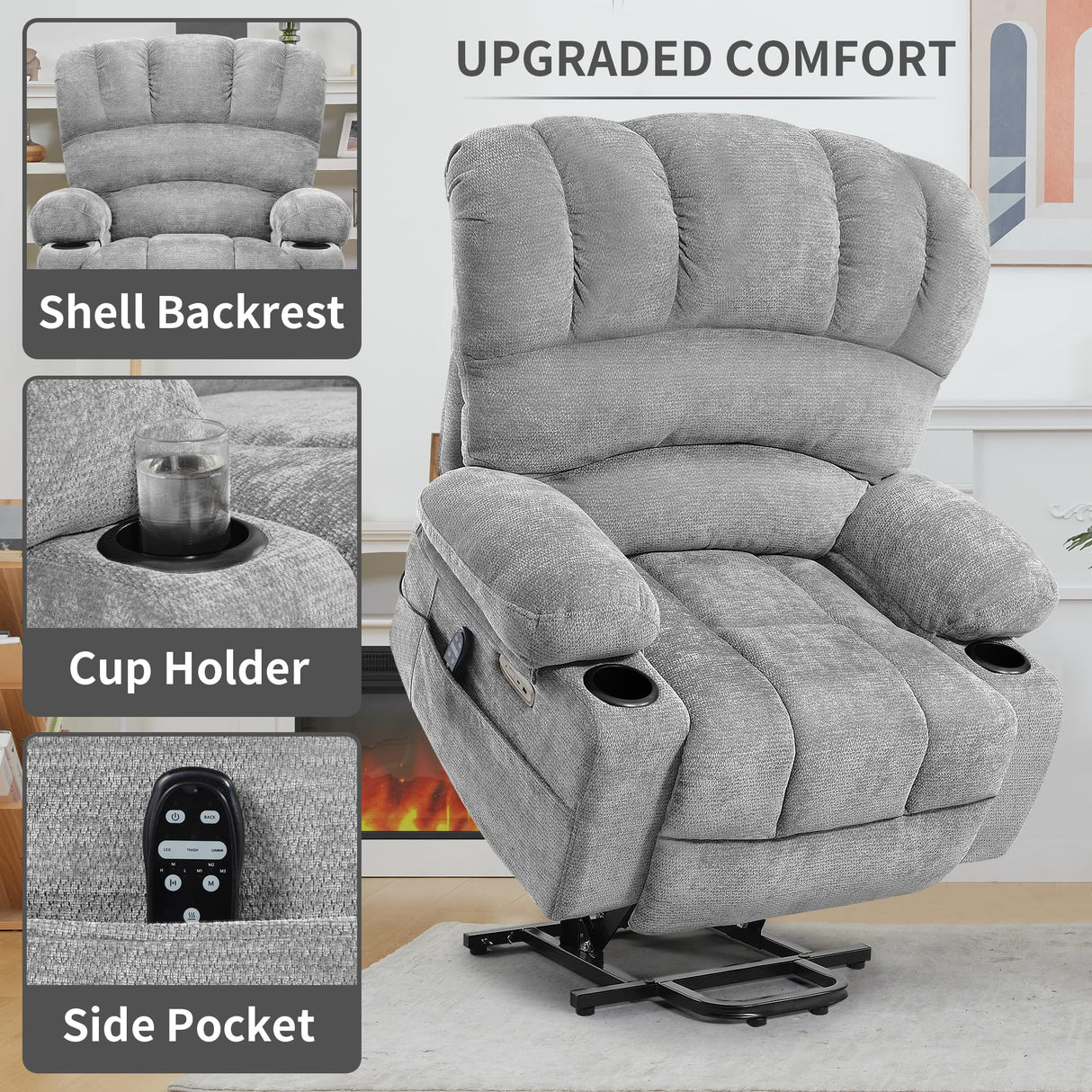 DURASPACE Power Lift Recliner Electric Lift Massage Recliner Chairs with Heat, Large Shell Velvet Backrest Lift Chair Recliners for Elderly, Seniors (Gray) DURASPACE