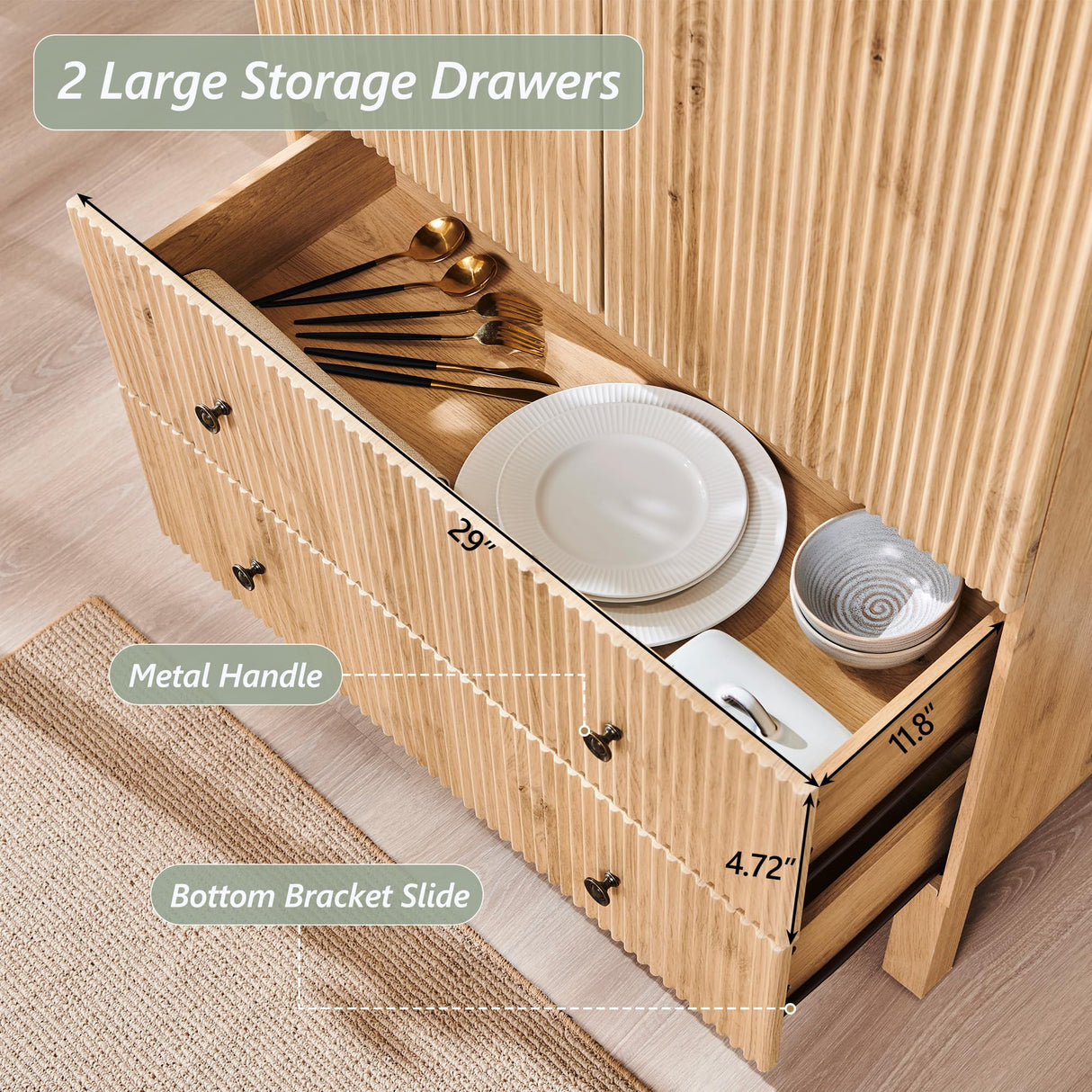 IFGET 71" Tall Arched Pantry Cabinet, Fluted Kitchen Storage Cabinet with Adjustable Shelves and 2 Large Drawers, Freestanding Morden Versatile Cupboard for Living Room, Bathroom, Natrual IFGET