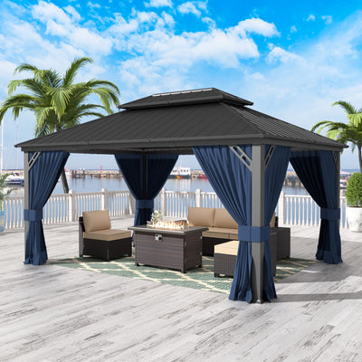 Gotland 2024 New 12' x 16' Hardtop Gazebo, Outdoor Iron Metal Double Roof Pergola with Curtains and Netting for Patio, Garden, Lawn, Navy