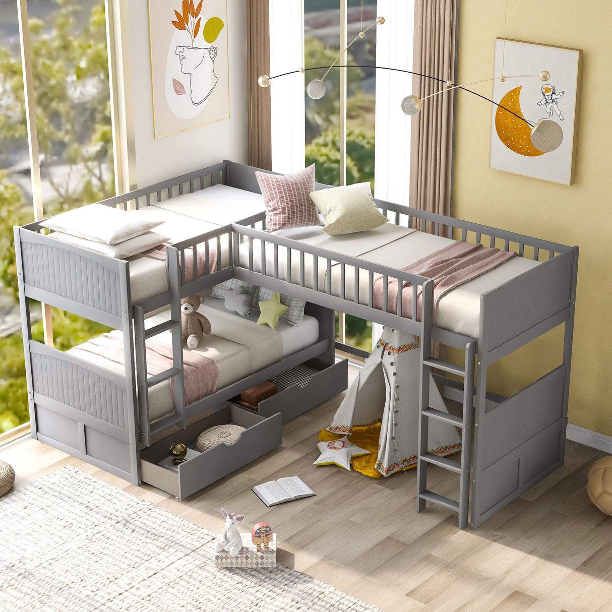 Flieks Triple Bed Twin-Over-Twin-Over-Twin Bed L Shaped Bunk Bed with 2 Drawers and 2 Ladders, No Box Spring Needed Flieks
