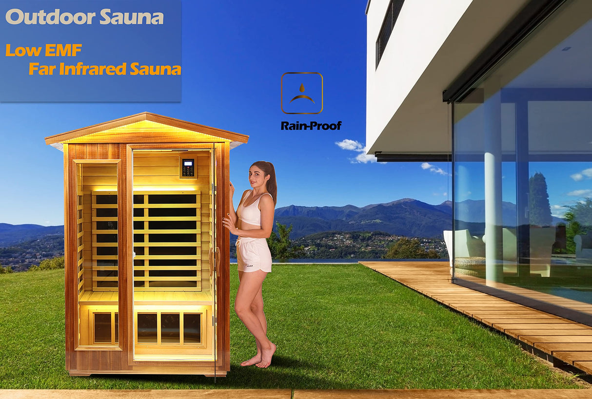 LTCCDSS Outdoor Red Cedar Sauna 2 Person Far Infrared Sauna, Red Cedar Canadian, Withstand Outdoor Temp -10℉-149℉| Low EMF Sauna Room for Home-9 Low EMF Heaters-Chromotherapys-Bluetooth Speaker LTCCDSS