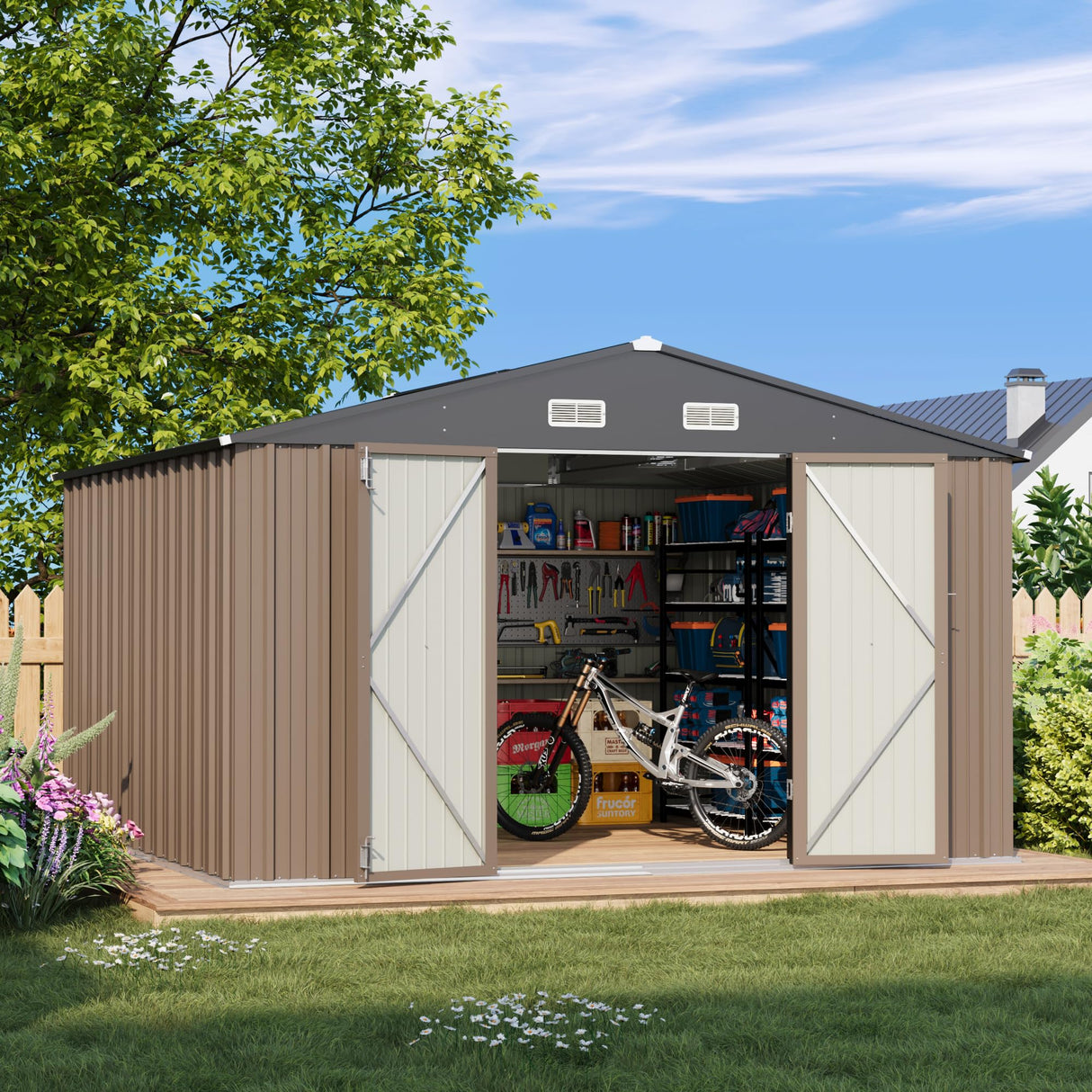 Patiowell 10 x 10 FT Outdoor Storage Shed,Metal Yard Shed with Design of Lockable Doors, Utility and Tool Storage for Garden, Patio, Backyard, Outside use,Brown Patiowell
