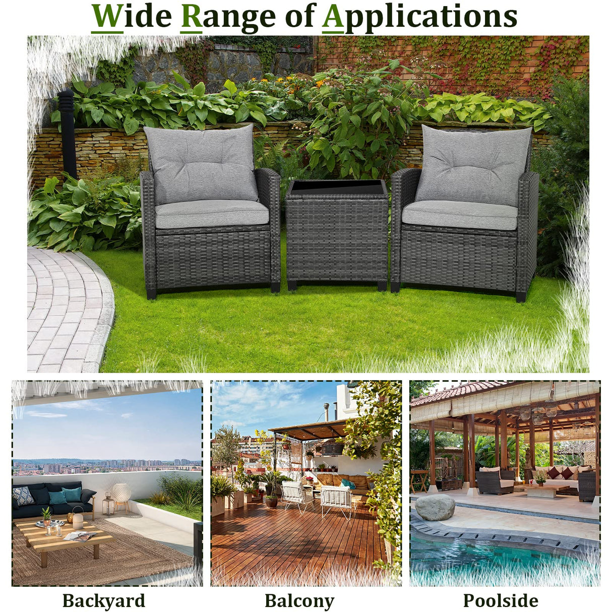 RELAX4LIFE Wicker Patio Furniture Sets - 3 Pieces Rattan Sofa Set, Outdoor Conversation Set with Tempered Glass Tabletop, Heavy-Duty Steel Frame, Wicker Chair Set for Poolside, Backyard, Grey RELAX4LIFE