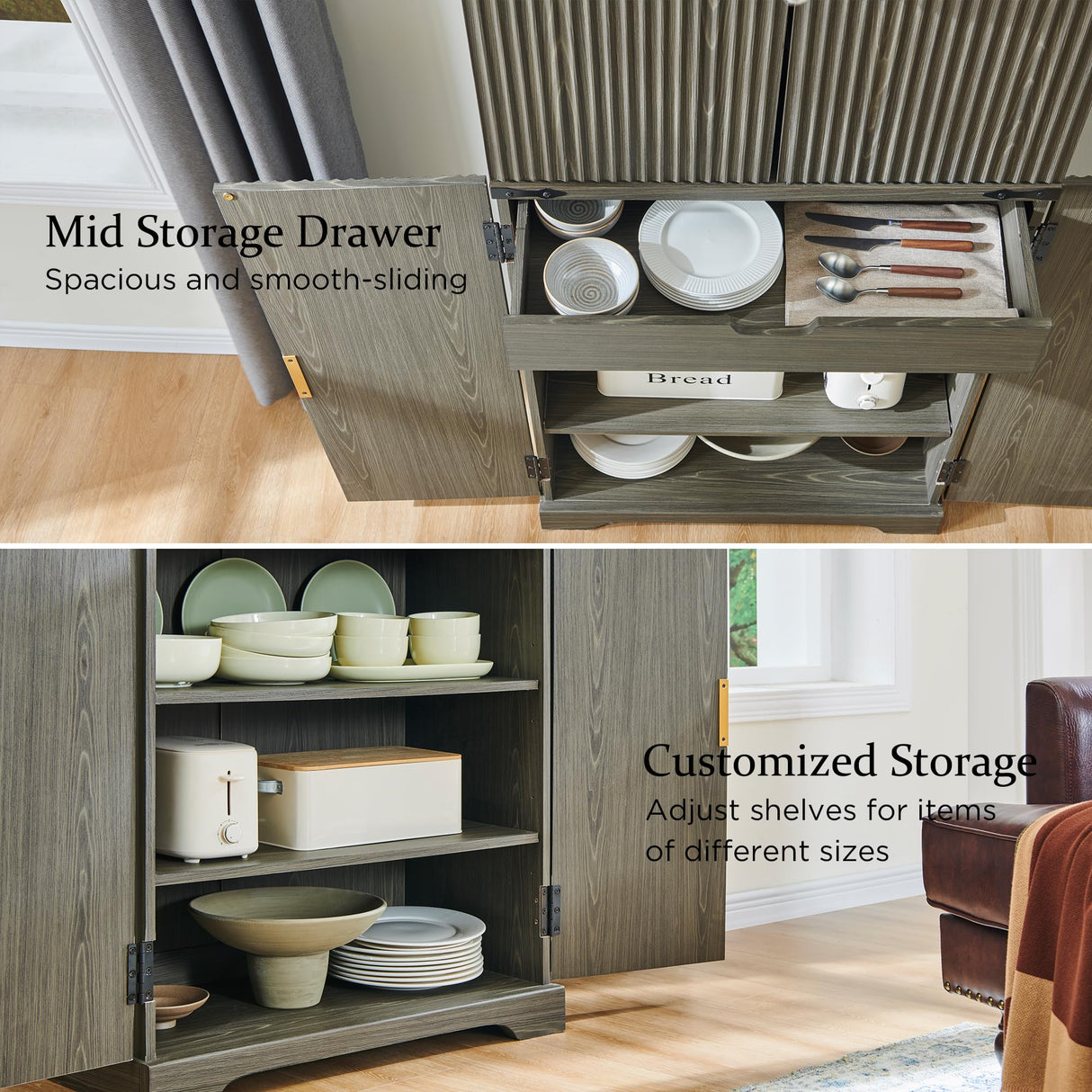 ACCOHOHO Fluted Pantry Cabinet, 72" Tall Modern Storage Cabinet with 4 Doors, Organizer, Drawer and Adjustable Shelves, Wood Cupboard for Kitchen, Dining Room, Living Room and Bathroom, Army Green ACCOHOHO