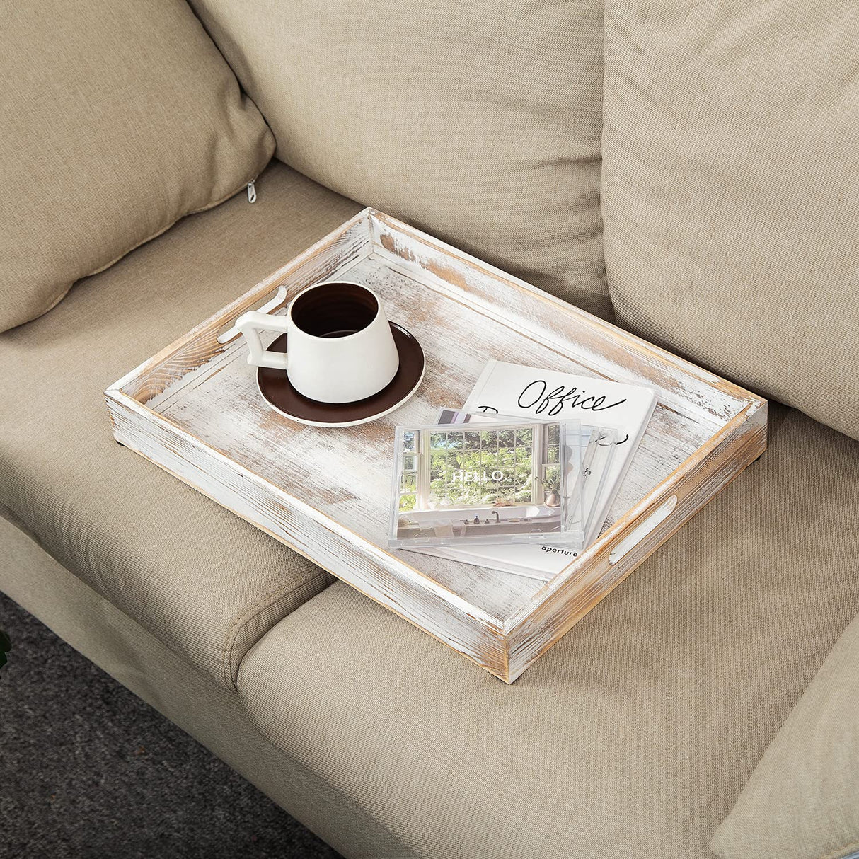 Rustic Distressed Wood Food Breakfast Serving Tray Octagon Serving Tray in Bed with Cutout Carrying Handles Coffee Office Desktop Document Holder Home Kitchen (Washed White) canwedance