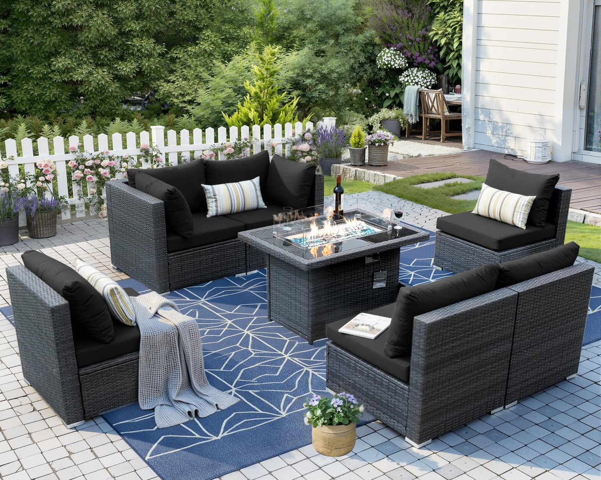 NICESOUL 7 Piece Outdoor Furniture Set with Fire Pit Table Natural Gas & Propane Convertible, 29.3'' High Back Extra Large Rattan Patio Modular Sectional Conversations, 2 Color Cushion Black & Gray NICESOUL