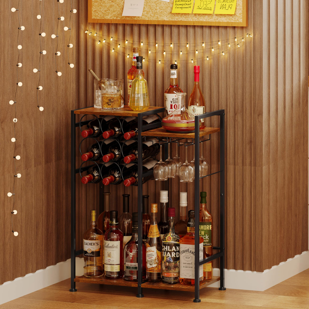 Freestanding Liquor Cabinet with 9-Bottle for Home Bar, Versatile Wine Rack Freestanding Floor with Glass Holder and Fences, Mini Bar Table Liquor Whiskey Display Large-Capacity Corner Wine Cabinet Bosimeca