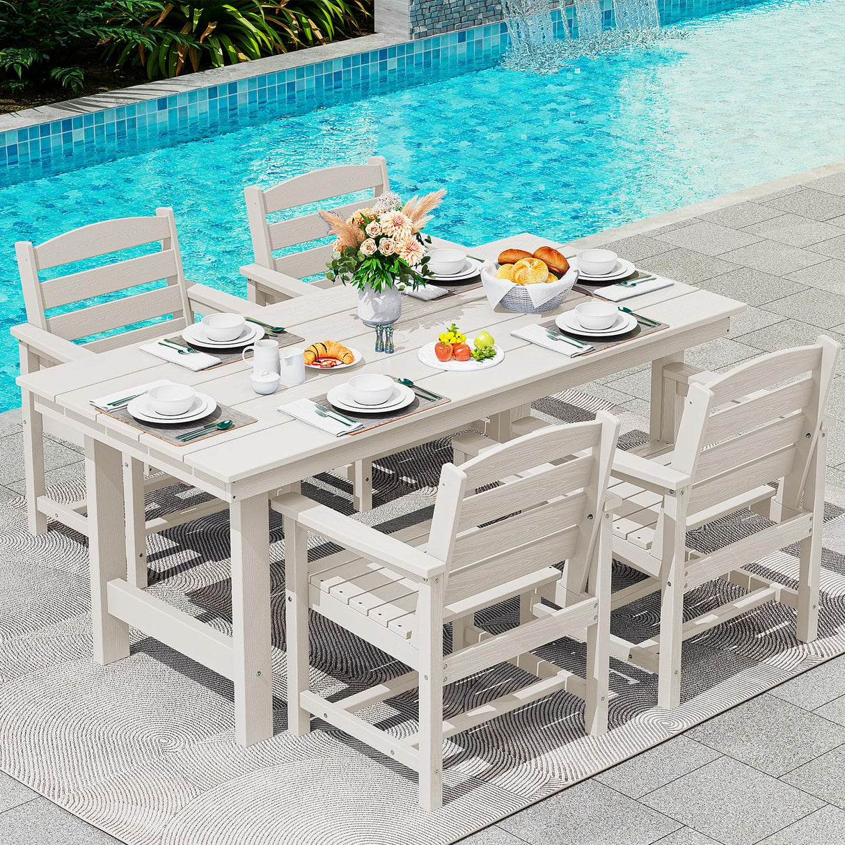 SERWALL Patio Table Set, Outdoor HDPE Dining Set with Umbrella Hole, 5-Piece - Table and 4 Chairs, All Weather for Lawn, Garden, Poolside, White SERWALL
