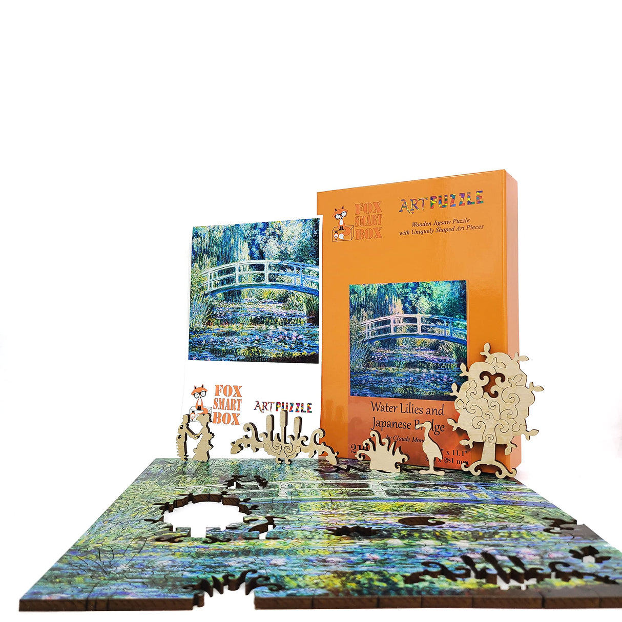 Wooden Jigsaw Puzzle for Adults - Uniquely Shaped Pieces - Made in The USA by FoxSmartBox - 210 Pieces - Water Lilies and Japanese Bridge FoxSmartBox