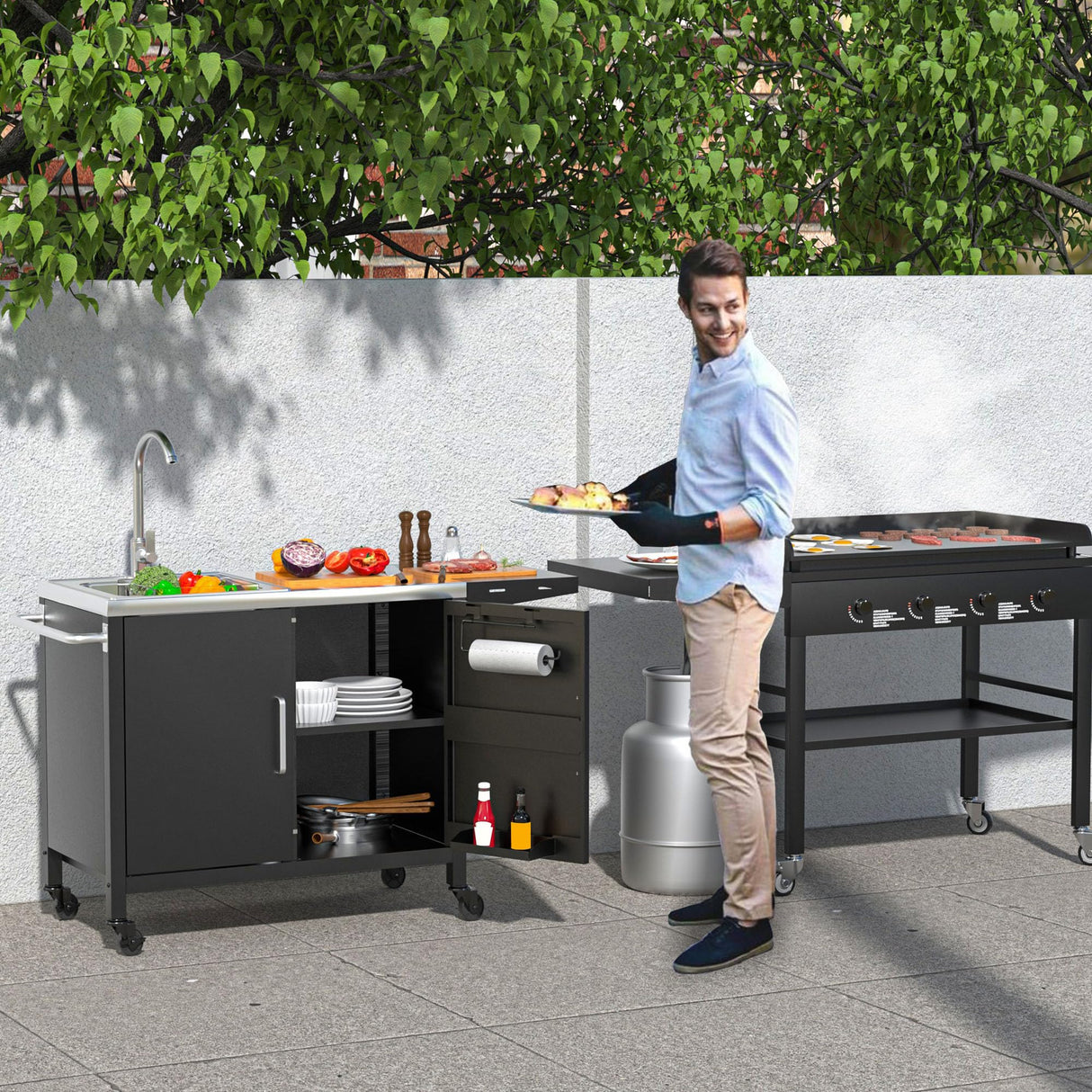 GDLF Outdoor Grill Table with Sink,Metal Grill Cart, Outdoor Kitchen Island with Stainless Steel Sink,L57*W21.65 GDLF