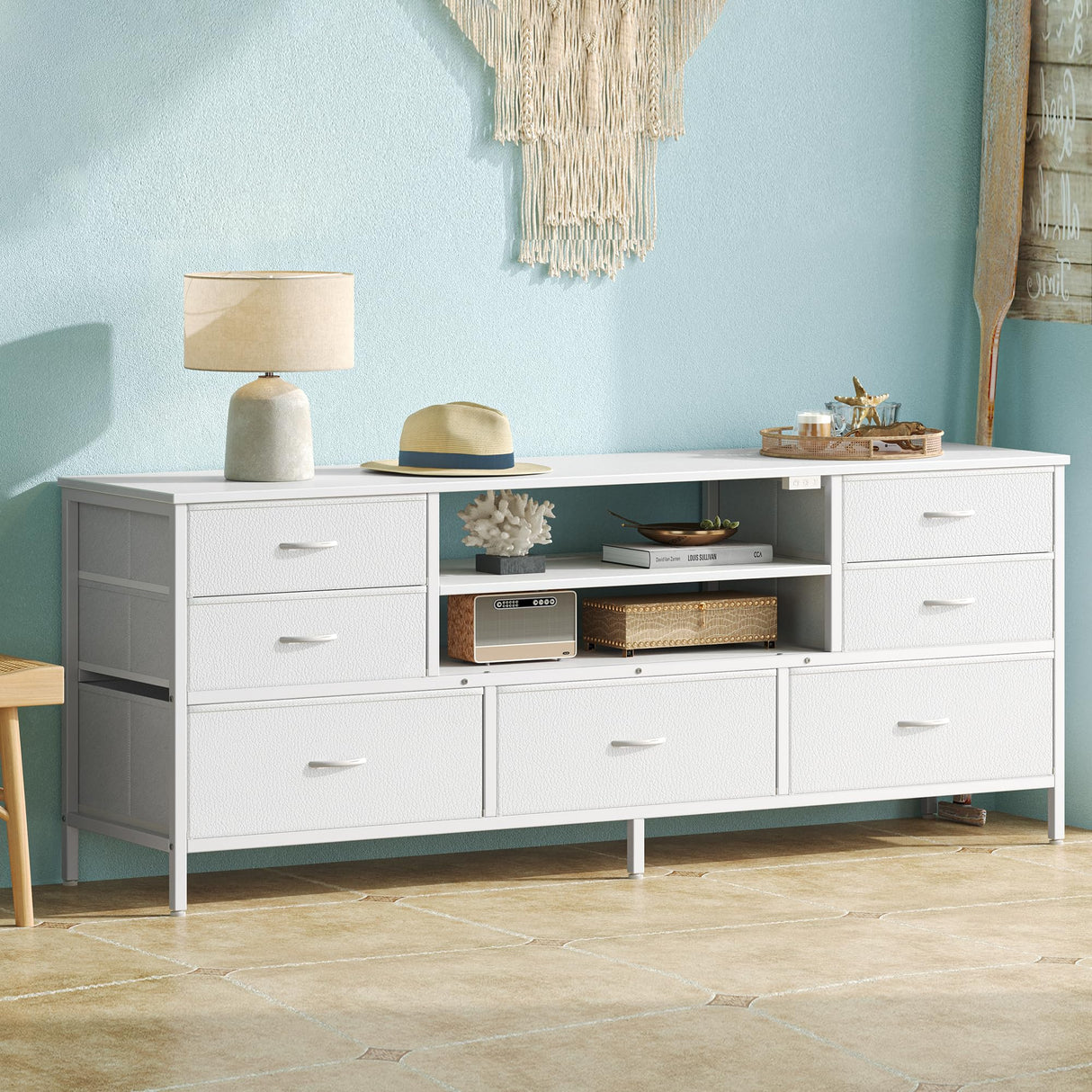 Huuger Dresser for Bedroom With Power Outlets and LED Lights, 7 Drawers TV Stand for 60 Inch TV, Console With Open Shelf, 55 Inches Wide White, PU Leather Huuger