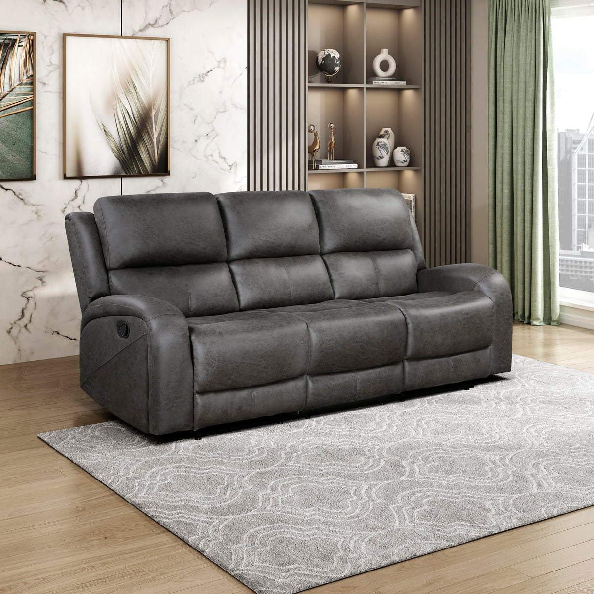 Lexicon Manual Double Reclining Sofa, Polished Microfiber Manual Wall Hugger Sofa Recliner for Living Room, Home Theater Seating, Track Arm, Stitching Cushion, Padded Foam Seat Cushion, Gray Lexicon