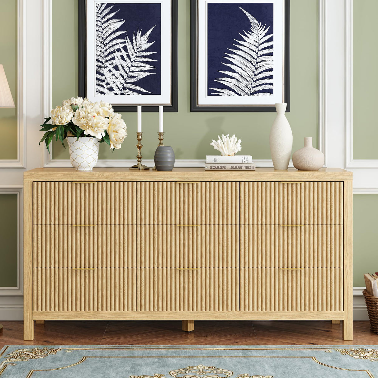 JZXSHD 9 Drawers, Modern Large Chest Mid Century Modern Dresser TV Stand, Storage Organizer Dresser with Solid Natural Wood Legs for Bedroom, Living Room, Hallway, Natural Oak JZXSHD