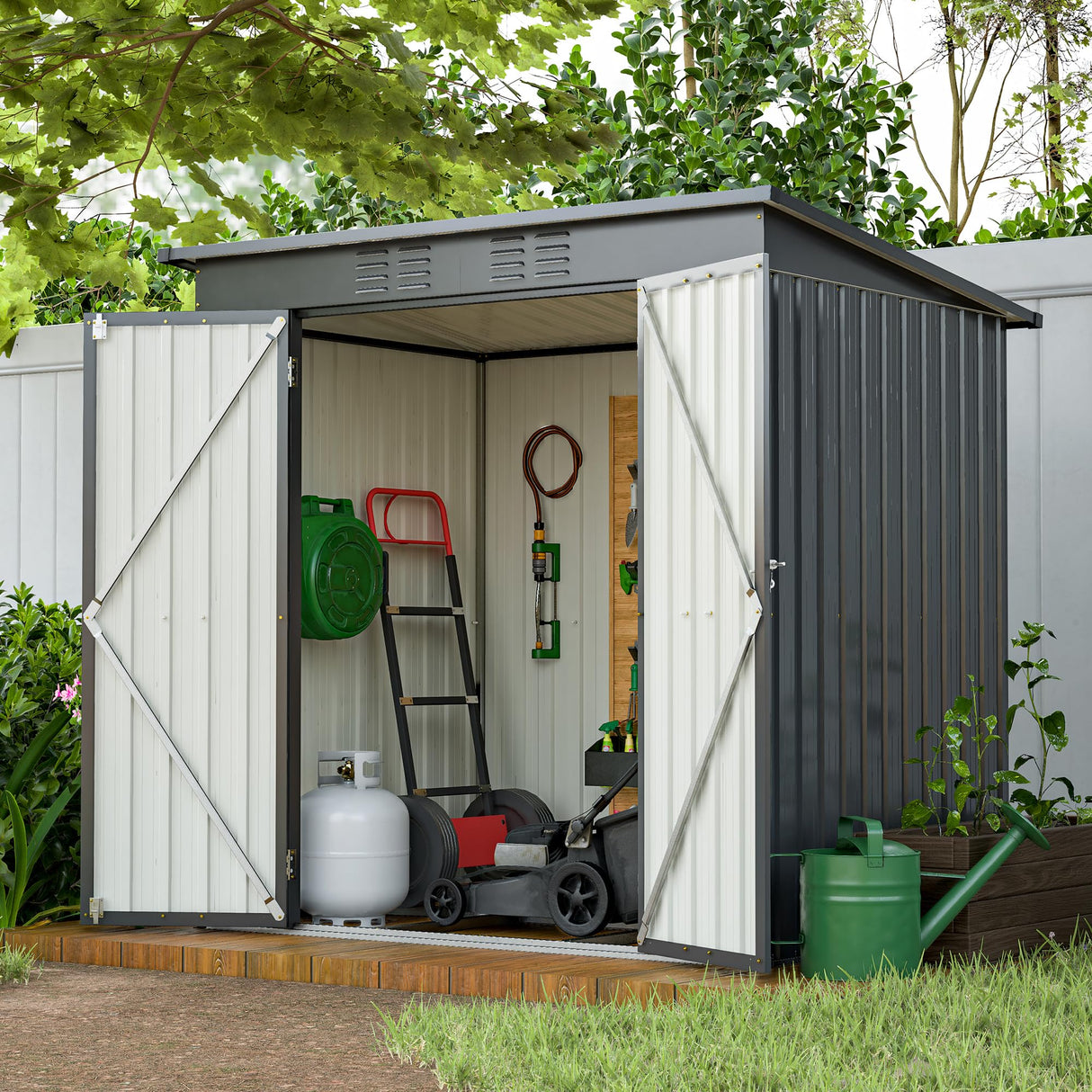 Jintop 6x4 FT Galvanized Steel Garden Sheds with Ventilation and Sloped Roof, Metal Storage Locker Includes A Lock,Key & Hinged Doors,2 Pairs of Gloves,for Tool,Equipment,Black Jintop