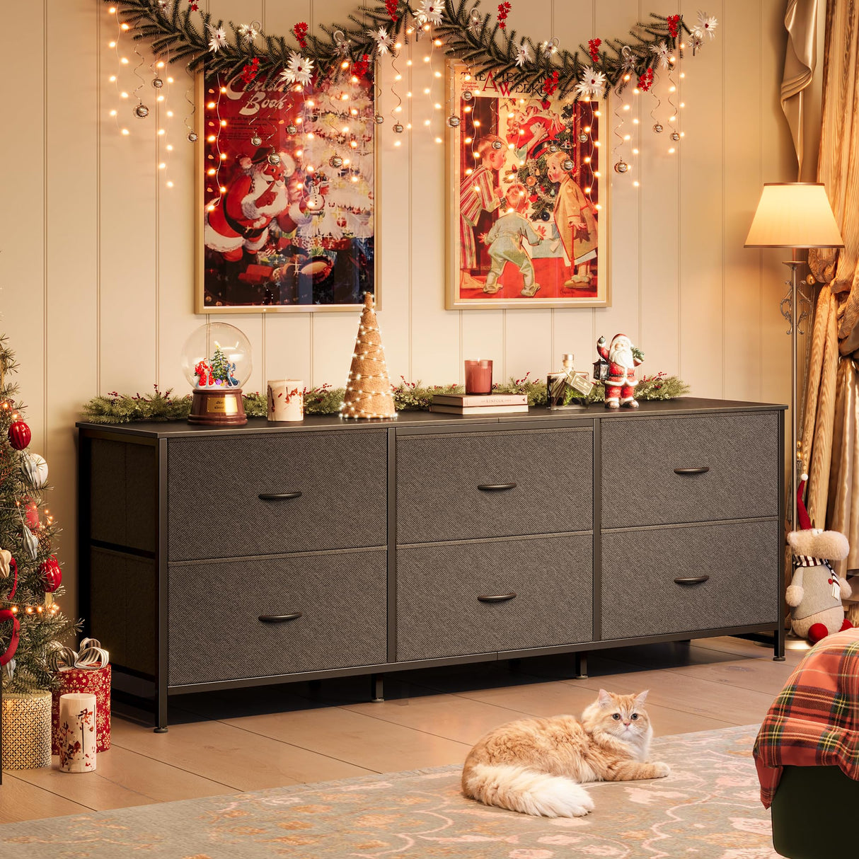 Huuger 63 Inch Long Dresser for Bedroom, Wide TV Stand for 55, 65, 70 Inch TV, 6 Drawer Dresser for Closet with Fabric Drawers, Storage Organizer for Bedroom, Entryway, Black Huuger