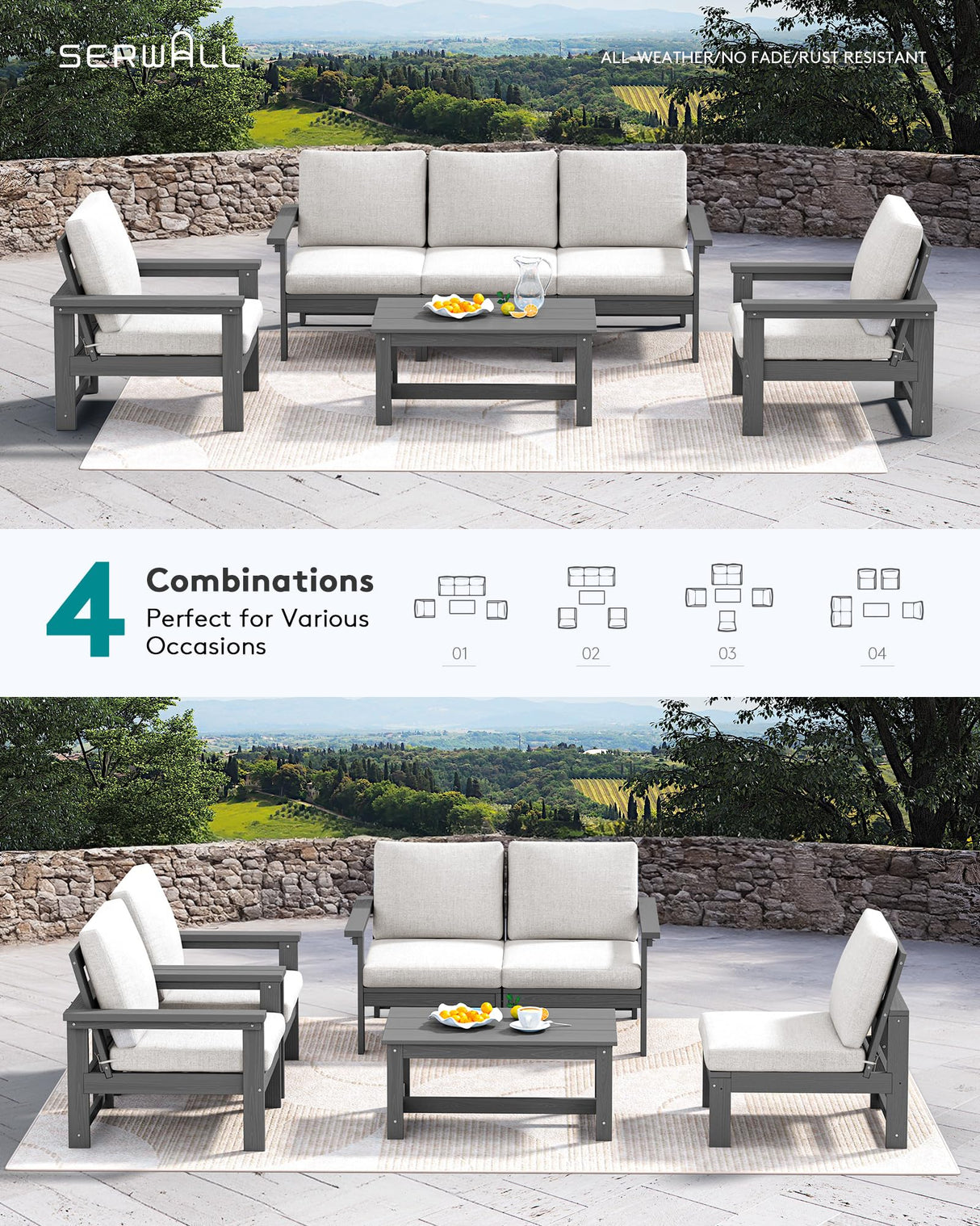 SERWALL HDPE Patio Conversation Set, 6-Piece Sectional Outdoor Furniture Set, All Weather Outdoor Couch Set Patio Furniture Set for Deck, Lawn, Grey Frame with Khaki Cushion SERWALL