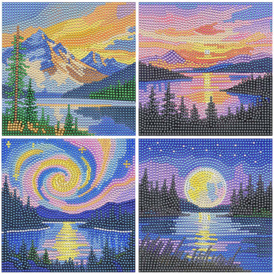 UPINS 4 Pack Diamond Art Paintings,6 x 6 Inch Landscape Paint by Numbers Kits Mountain Moon Lake Diamond Art Kits for Adults Kids Beginners 5D Art Paintings for Home Wall Decor Gifts