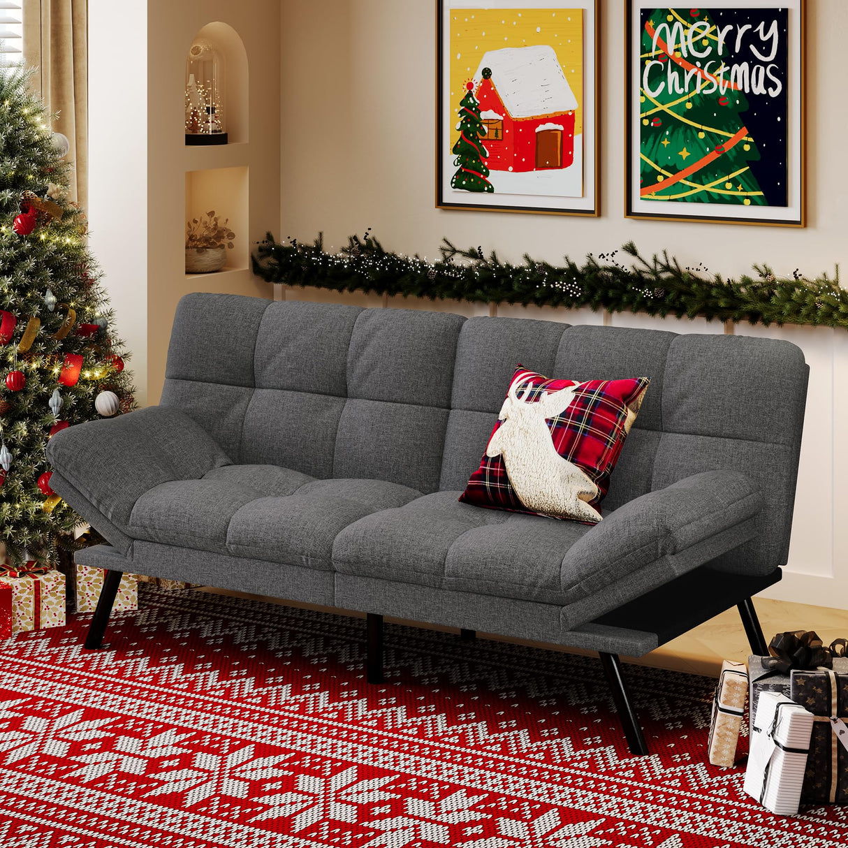 AMICLIBER Convertible Futon Sofa Bed,71" Memory Foam Futon Couch,Detachable Cushion,Adjustable Backrest & Armrest,Linen Modern Loveseat Sleeper Recliner for Living Room,Office,Apartment,Medium Grey AMICLIBER