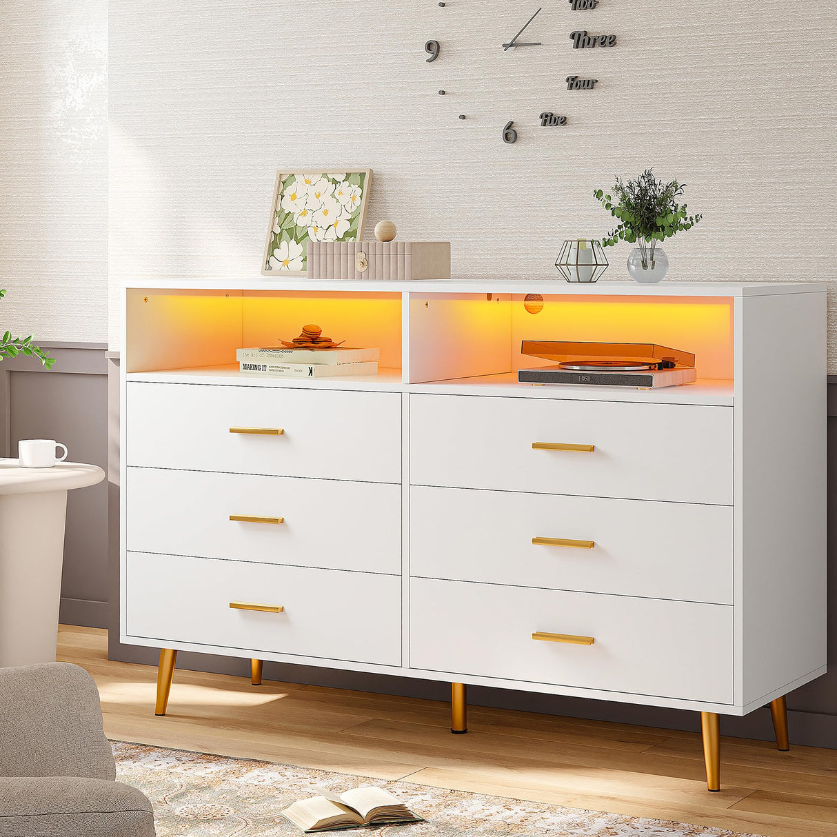 EnHomee Dresser, Dresser for Bedroom, White Dresser with LED, Wood Dressers & Chests of Drawers, 6 Drawers Dresser for Bedroom, Dresser Wood, Large Dressers Bedroom Furniture EnHomee