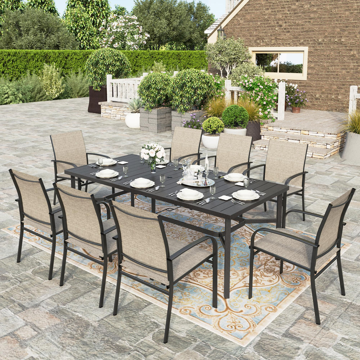 HERA'S HOUSE 9 Pieces Patio Dining Set, 8 x Brown Textilene Patio Chairs and 1 x 83 Large Rectangle Dining Table, Outdoor Furniture Set for Deck Garden Backyard Lawn Poolside HERA'S HOUSE