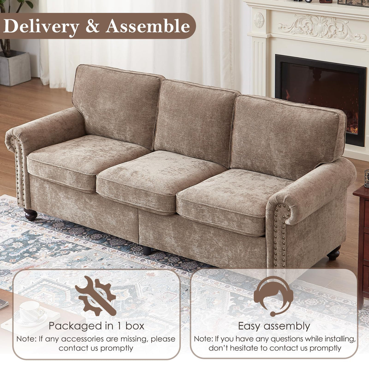 Sivoey 81.5" Nailhead Sofa, Rolled Arms Sofa with Wooden Legs, Pocket Springs Seat Cushion, Easy Assembly, Comfy 3-Seater Classic Couch for Living Room, Farmhouse, Apartment, Brown Sivoey