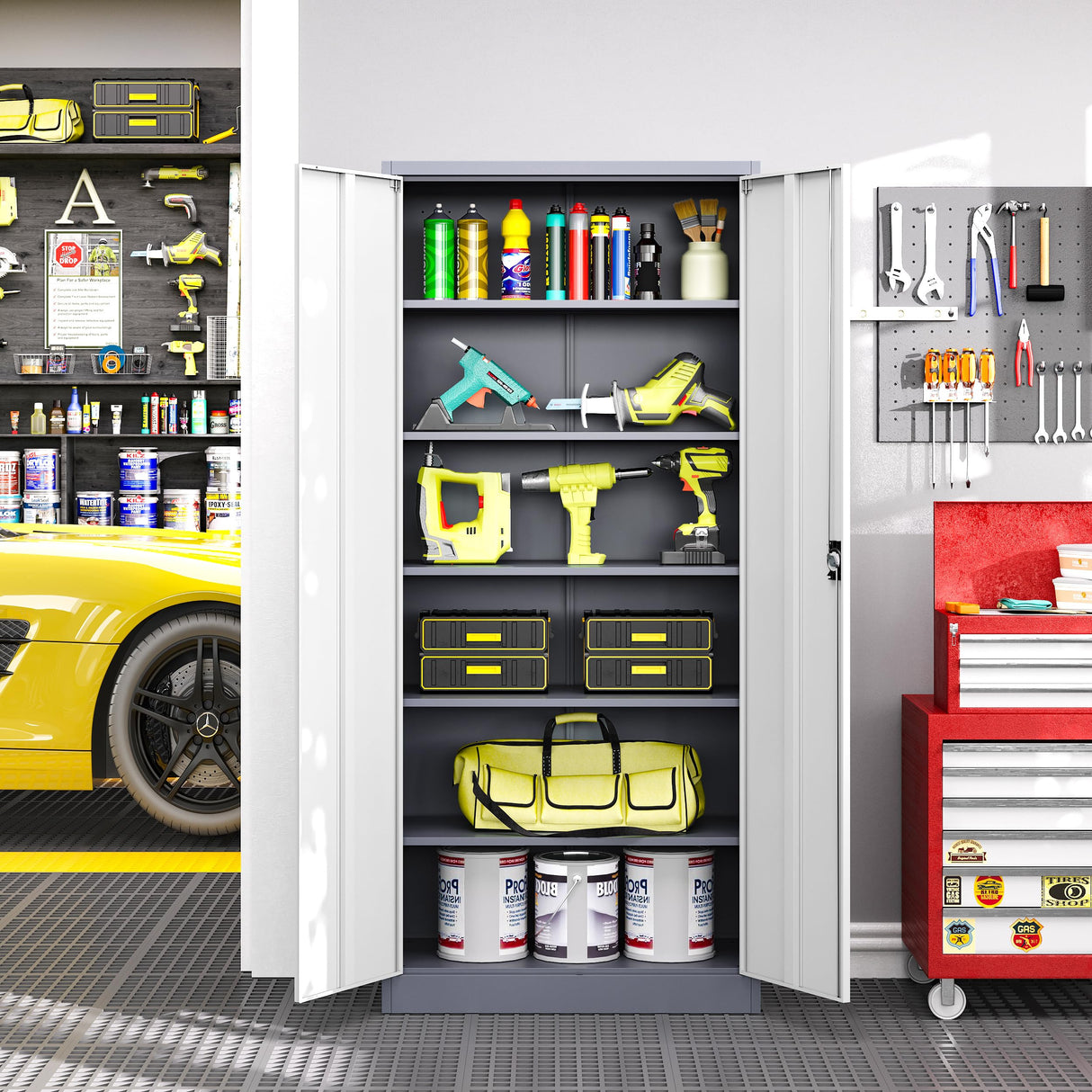 LISSIMO Metal Storage Cabinet with Lock,Lockable Garage Cabinet with 2 Doors and 5 Adjustable Shelves,Tall Steel Cabinets for Garage,Workshop,Gym,School LISSIMO