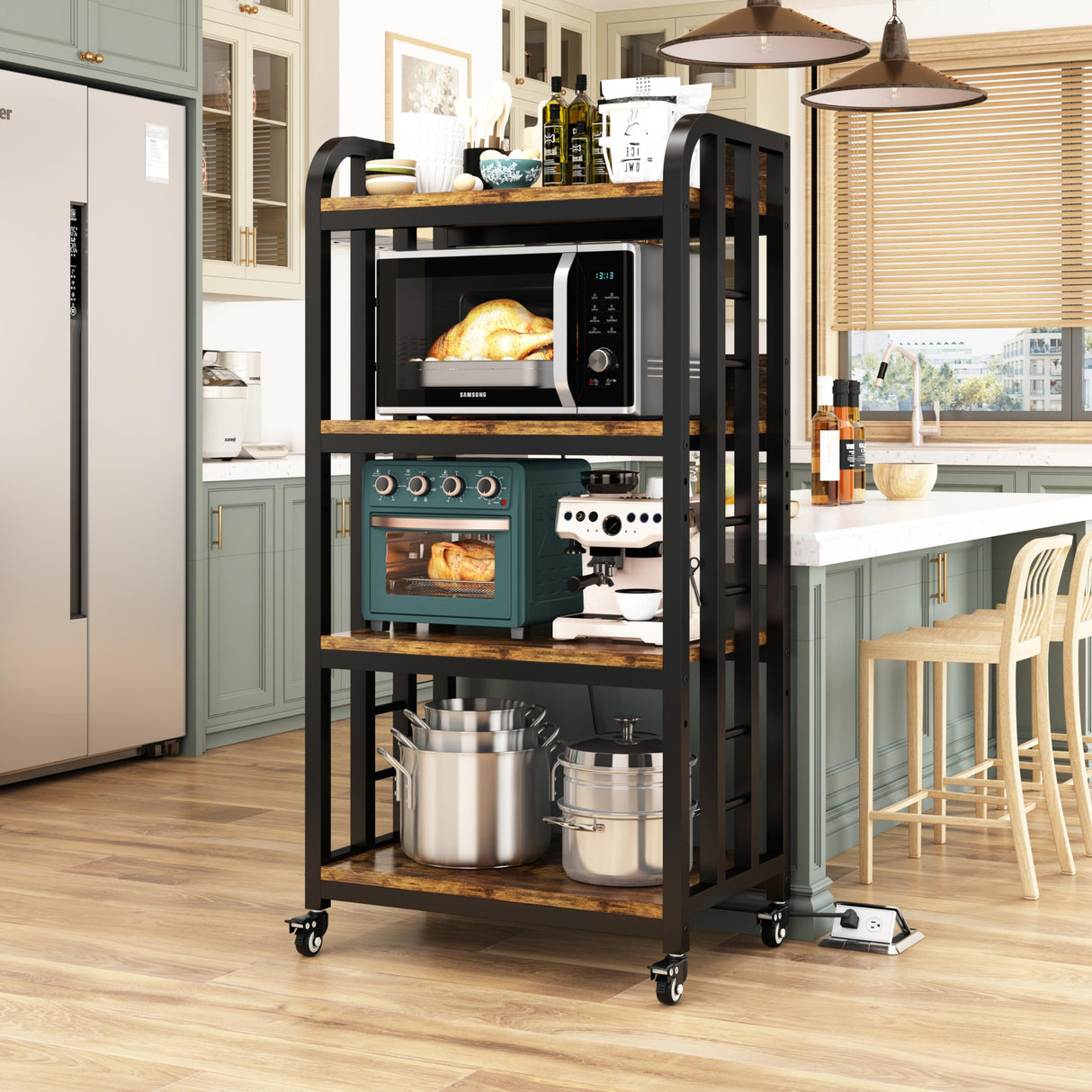 4-Tier Kitchen Bakers Rack with Power Outlet and Rolling Wheels, Microwave Stand with Storage, Adjustable Kitchen Shelves Freestadning, Coffee Bar Station, Bakers Rack for Spices, Pots and Pans, Brown BINGO CHERRY
