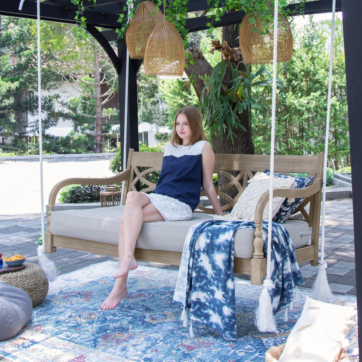 Cambridge Casual Renley Mahogany Porch Swing Bed with Oyster Cushion – Outdoor Hanging Swing Daybed for Patio, Backyard, or Garden – Durable Solid Wood, Weather-Resistant Cambridge Casual