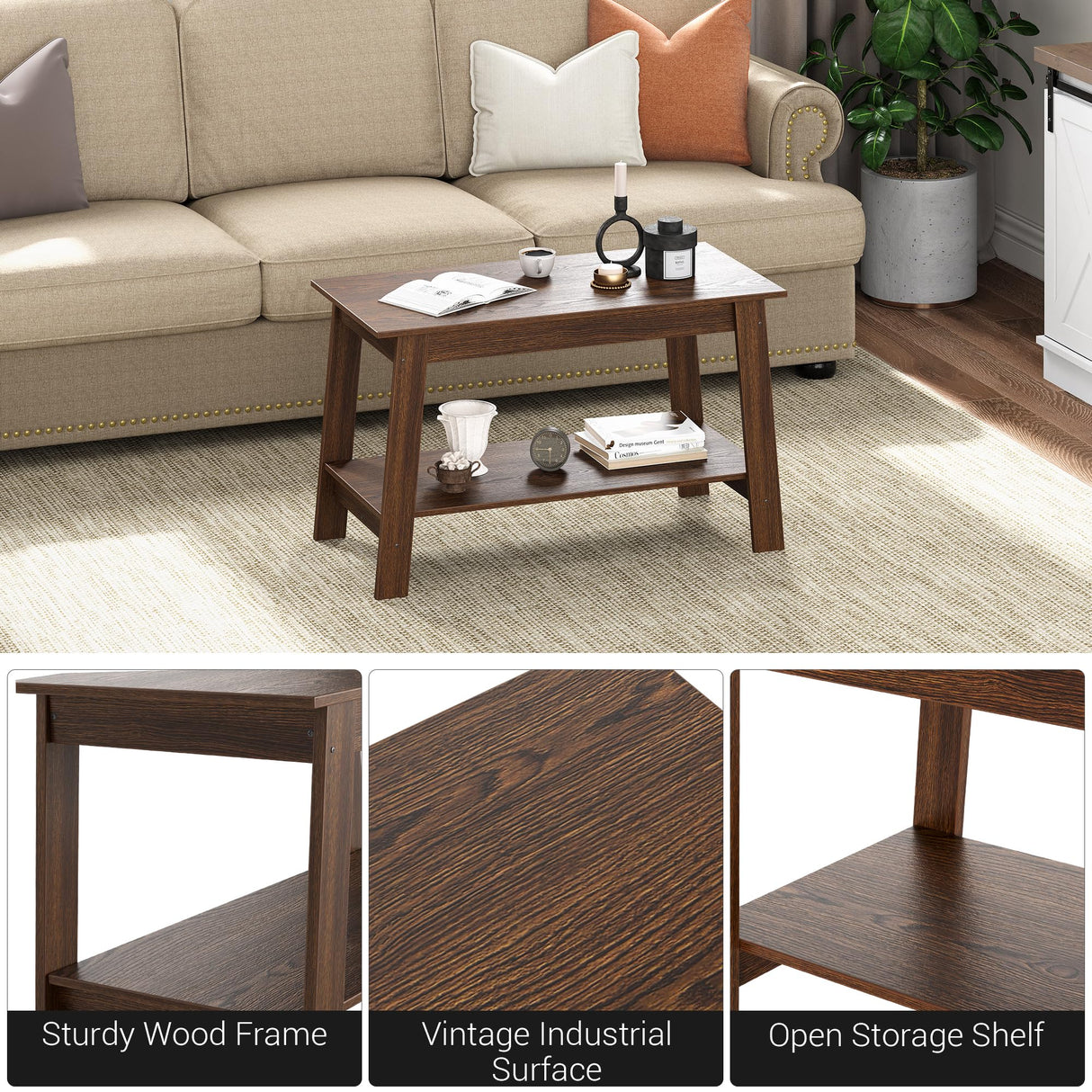 GarveeHome 2-Tie Coffee Table, Rustic Wood Living Room Tables with Open Rectangular Storage Compartment, Coffee Tables for Living Room, Outdoors, Home Office, Bedroom, Walnut GarveeHome