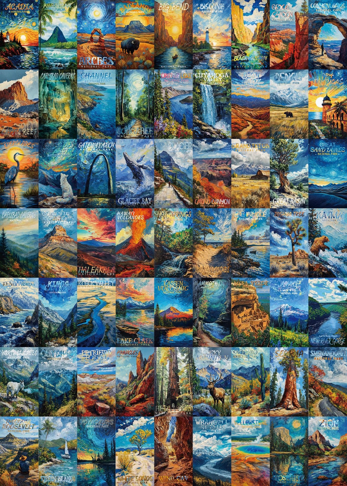National Parks Puzzle Art Puzzles for Adults 1000 Pieces, Painting Jigsaw Puzzles Van Gogh National Park Puzzles, Volcano Yellowstone Travel Puzzles for Adults Scenery Puzzle BBOLDIN