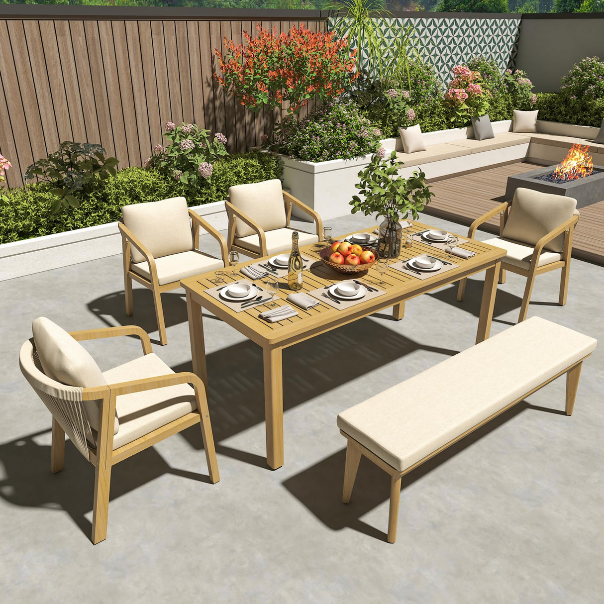 Wisteria Lane 6 Pieces Acacia Patio Dining Set for 6, Patio Dining Table and Chairs Set with Cushion, Modern Outdoor Dining Furniture Set for Lawn Backyard Garden Deck, Beige Wisteria Lane