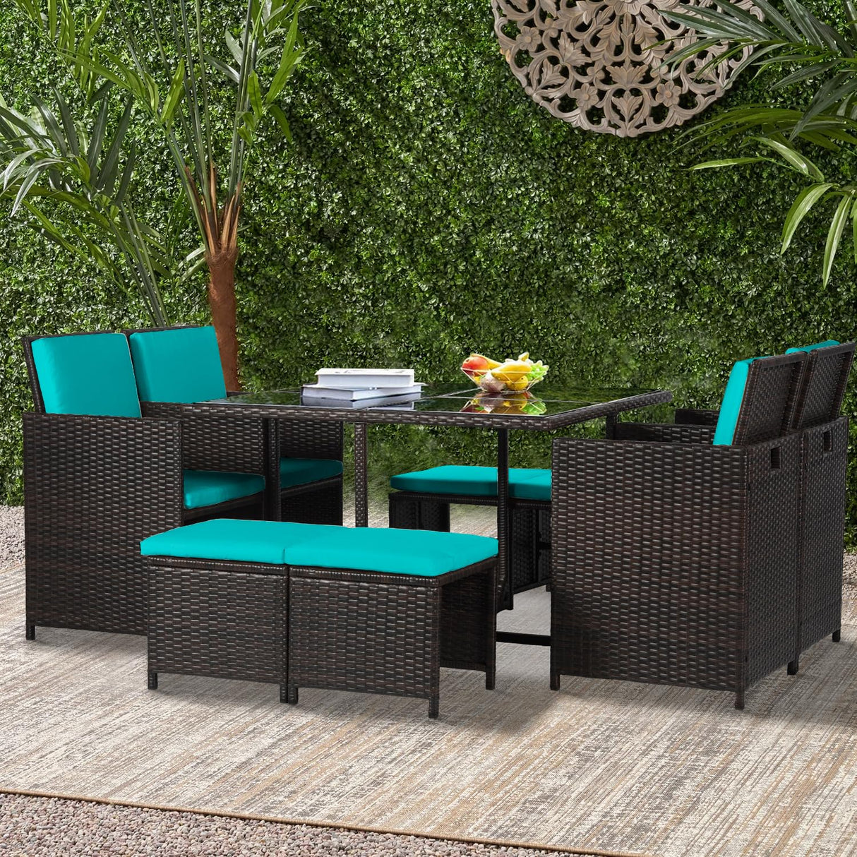 Outdoor Patio Furniture Set 9 Pieces Patio Dining Sets Space Saving Wicker Furniture with 4 Rattan Chairs 4 Ottomans and Glass Table for Outdoor Backyard Porch Poolside Balcony,Khaki Cushion (Blue) PayLessHere