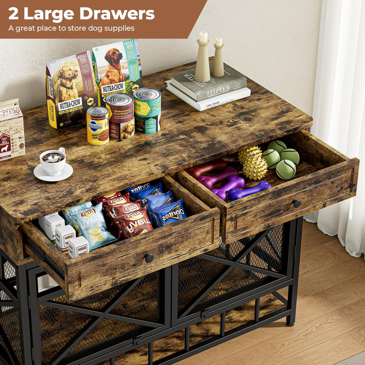 IRONCK 44 inch Large Dog Crate Furniture, Wooden Dog Kennel with Storage Drawers for Medium/Large Dogs, Decorative Dogs Kennel Indoor, Rustic Brown IRONCK