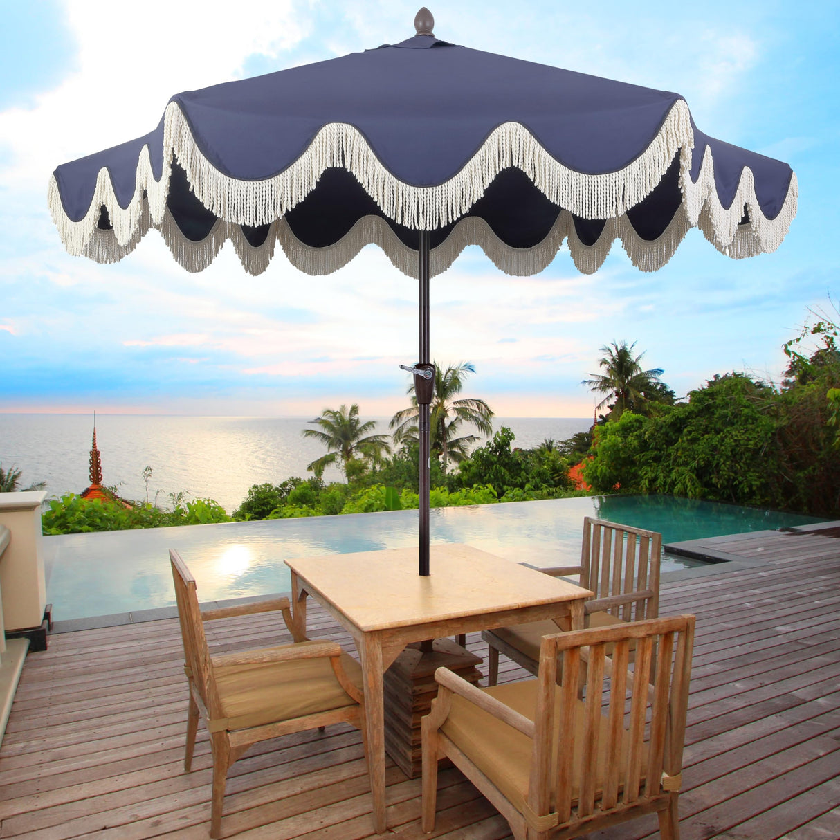 JONATHAN Y UMB1001D Collins 9 ft. Classic Cottage Tassel Market Patio Umbrella with Auto-Tilt, Crank, Wind Vent and UV Protection in Navy/Cream JONATHAN Y