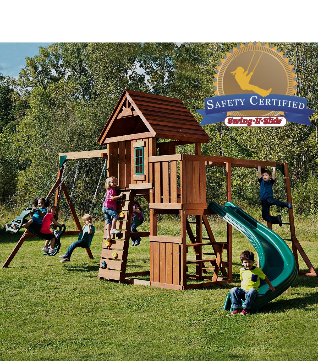 Swing-N-Slide PB 8272 Cedar Brook Wooden Swing Set Play Set with Two Swings, Slide, Monkey Bars, Picnic Table & Glider, Green Swing-N-Slide