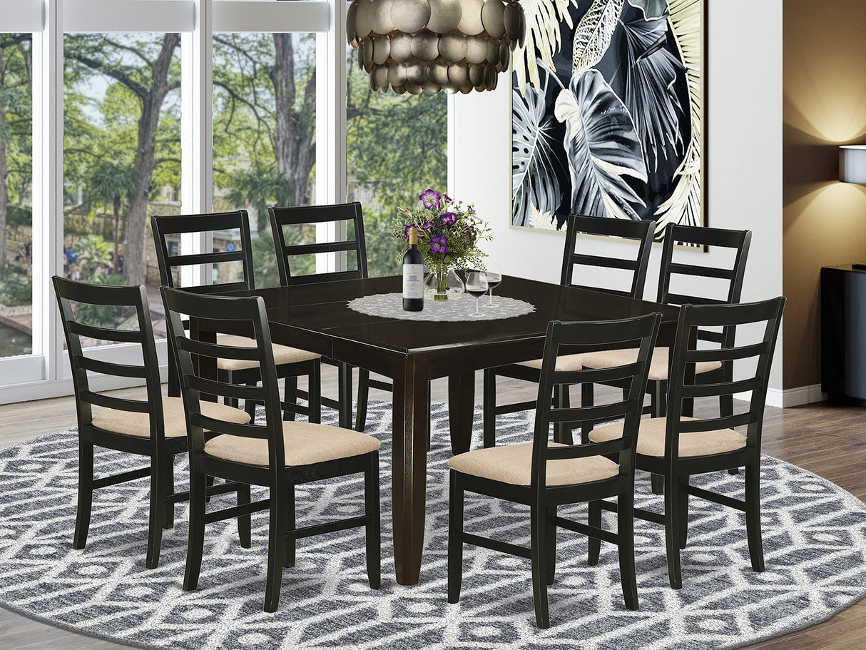 East West Furniture PARF9-CAP-C 9 Piece Dining Table Set Includes a Square Dining Room Table with Butterfly Leaf and 8 Linen Fabric Upholstered Chairs, 54x54 Inch, Cappuccino East West Furniture