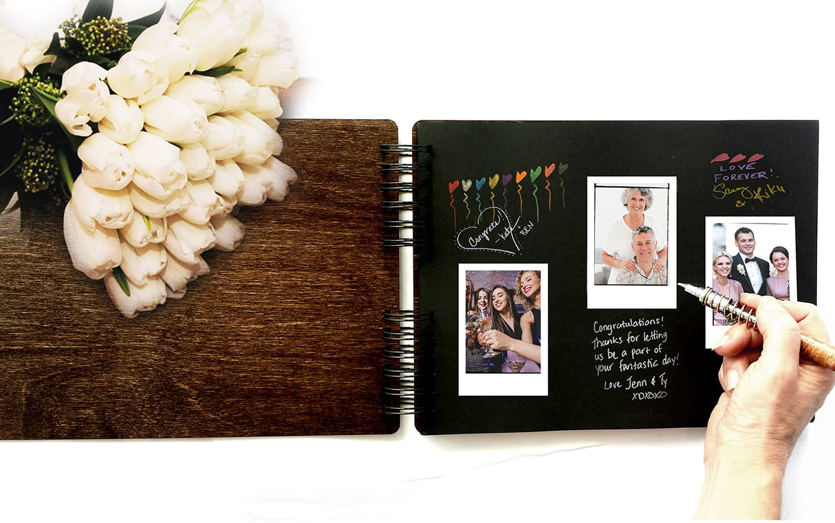 Personalize It Wooden Rustic Book 11" x 8.5" : Made in USA (All Black Cardstock Inside Pages, Front Cover Burnt Cocoa Wood) DIY Scrapbook Album Guestbook Photo Guest Book Sketch Pad Personalize It