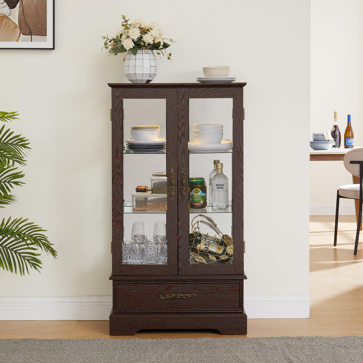 lunhung 3-Tier Lighted Glass Display Curio Cabinet with 2 Tempered Glass Doors & 1 Drawer,Curio Case with Mirrored Back Panel & Adjustable Shelves,Wine Display Cabinet for Living Room,Kitchen(Cherry) lunhung