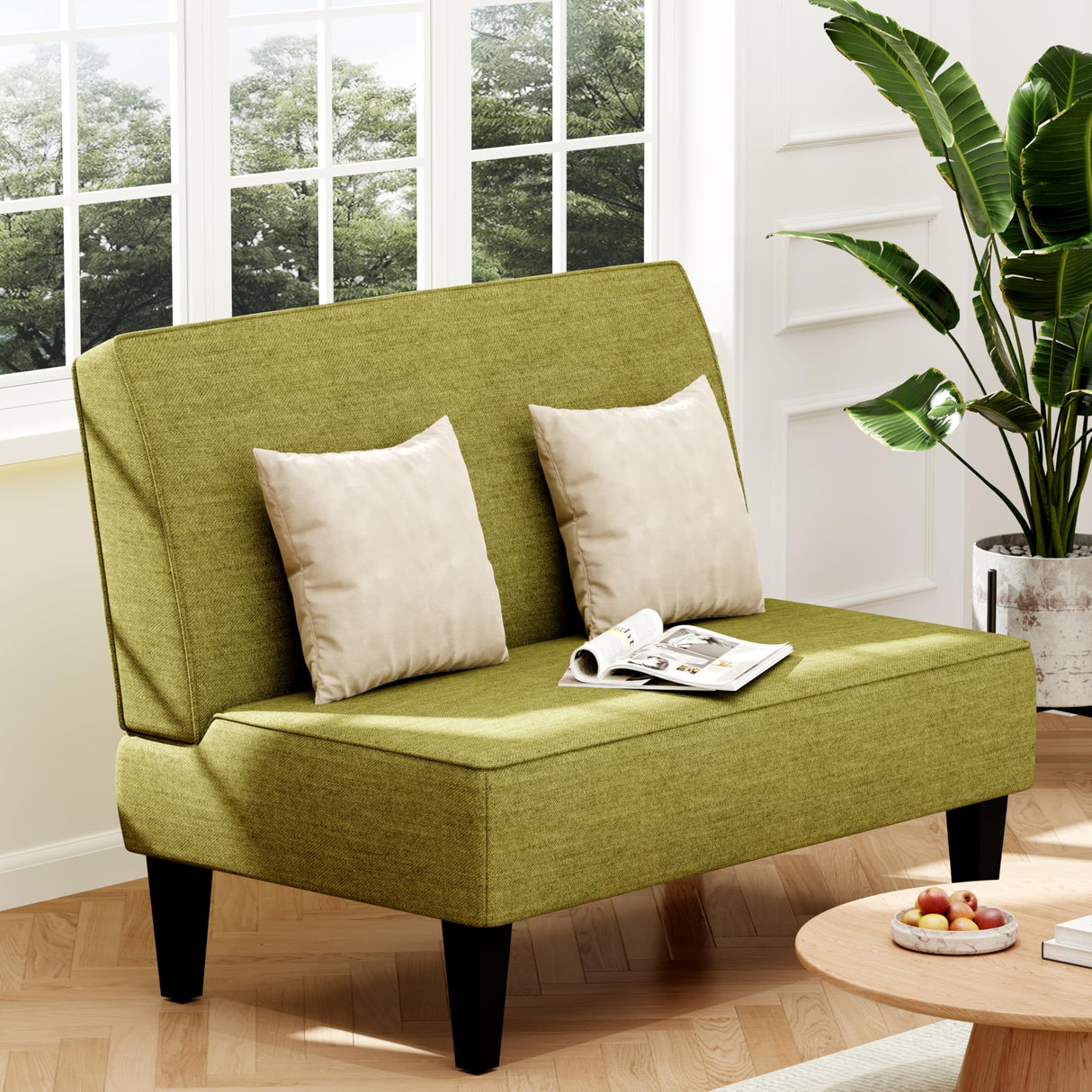 Changjie Furniture Small Loveseat Sofa Upholstered Mini Couch for Small Spaces 2-Seater Sofa Couch with Wooden Legs for Bedroom Living Room (Green) Changjie Furniture